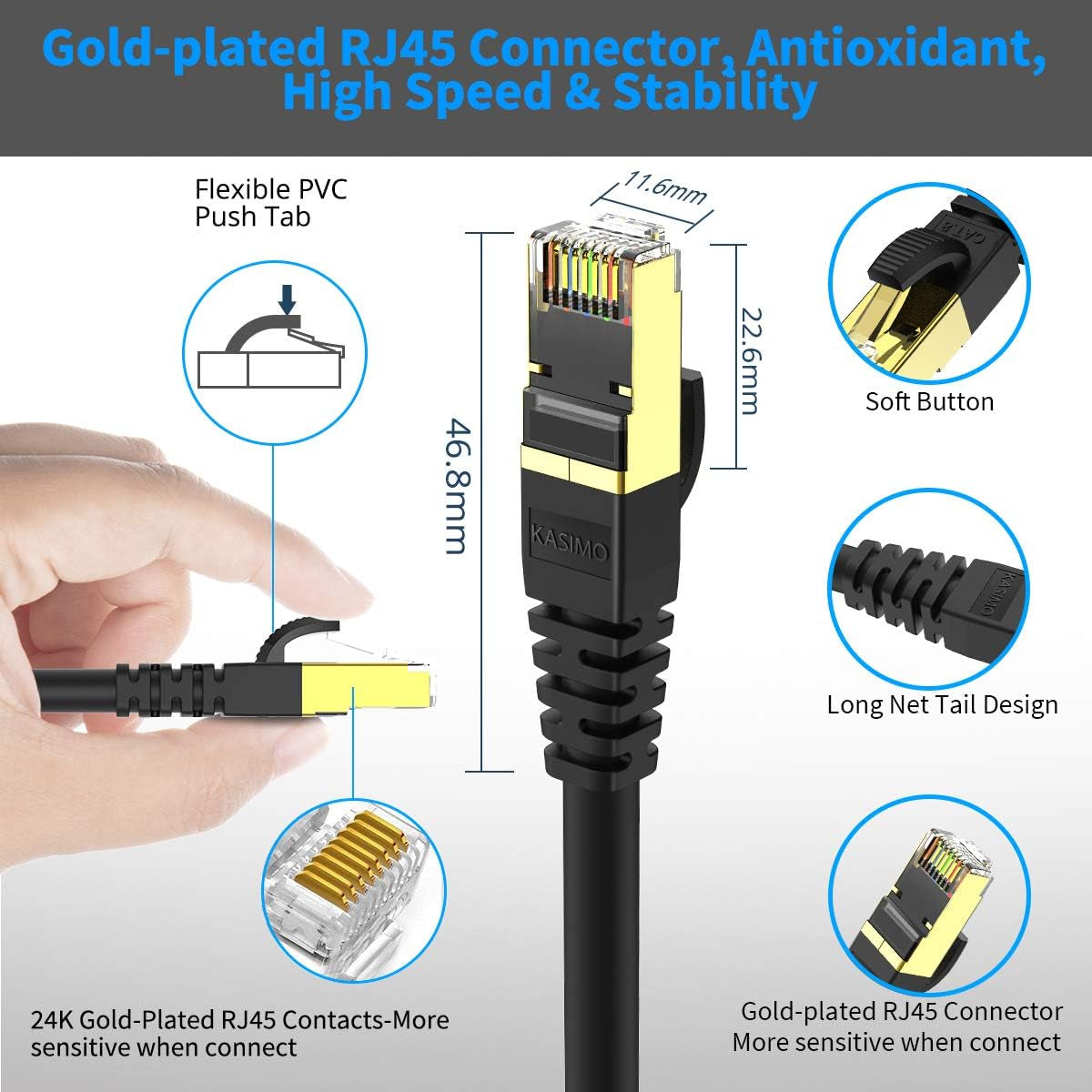 Cat 8 Ethernet Cable 3 FT, Cat8 Network LAN Cable High Speed 40Gbps with RJ45 Gold Plated Connector SFTP Shielded Cord, 26AWG Gaming Internet Cable for Router, Modem (Black, 3FT 1 Pack)