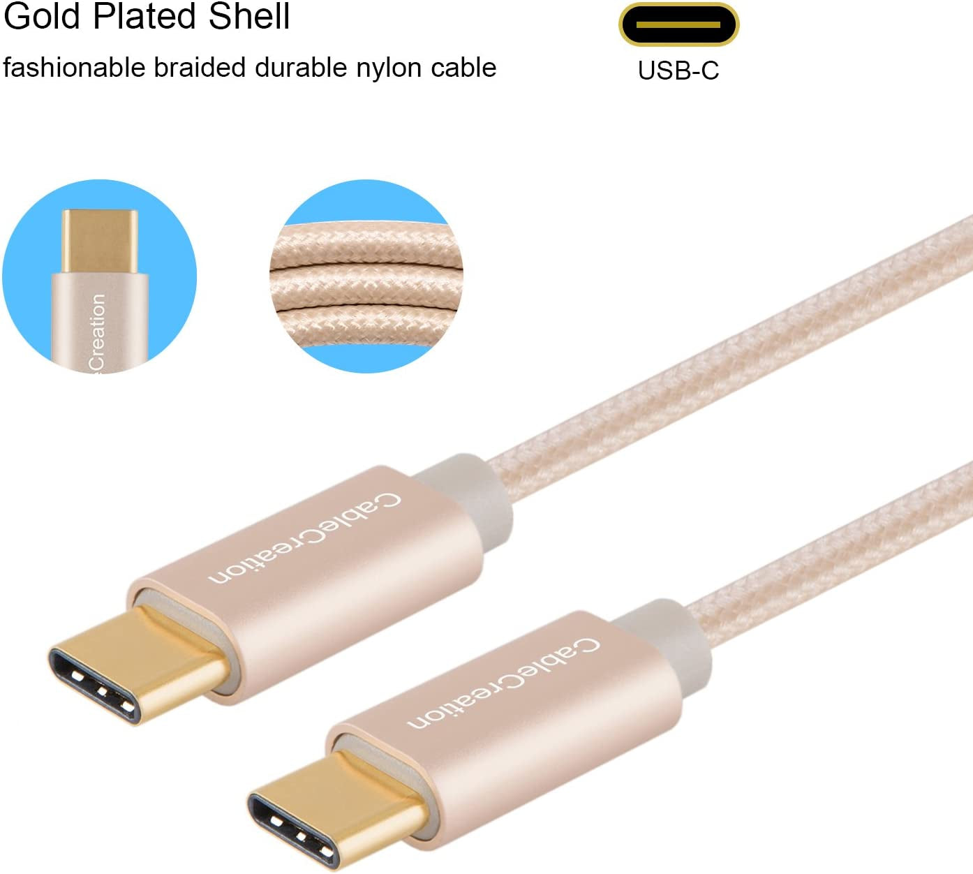 USB C Cable 10FT 60W USB C to USB C Fast Charging Cable USB Type-C to C Cable Braided 3A 60W 480Mbps Data for Macbook Pro Air Ipad Air Pro Galaxy S22 Ultra S21 Pixel 4/5 Etc, 3M Gold