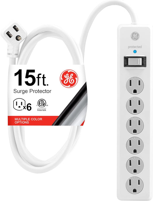 GE 6-Outlet Surge Protector, 15 Ft Extension Cord, Power Strip, 800 Joules, Flat Plug, Twist-To-Close Safety Covers, Protected Indicator Light, UL Listed, White, 50768