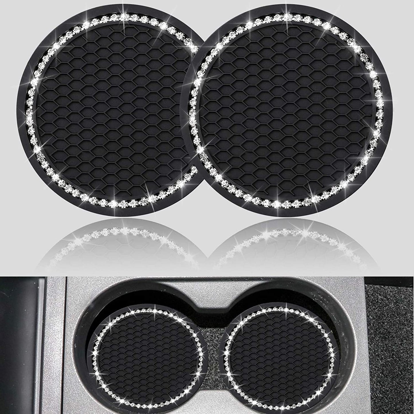 2PCS Bling Car Cup Coaster, Universal Vehicle Cup Holder Insert Coaster, 2.75 Inch Rhinestone anti Slip Silicone Car Accessories, Suitable for Most Car Interior, Gift for Women