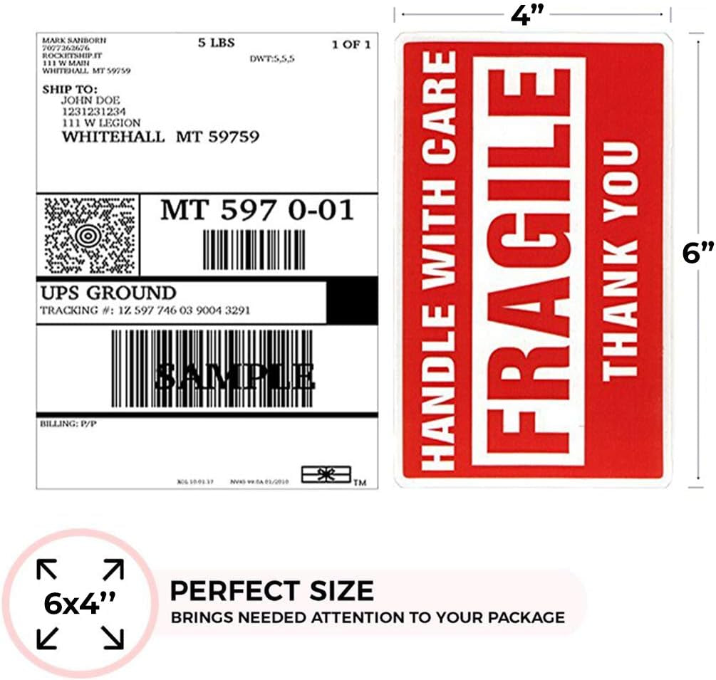 Enko - 4 X 6 Inch Large Fragile Stickers Handle with Care Warning Packing Shipping Label - Permanent Adhesive (1 Roll, 500 Labels)