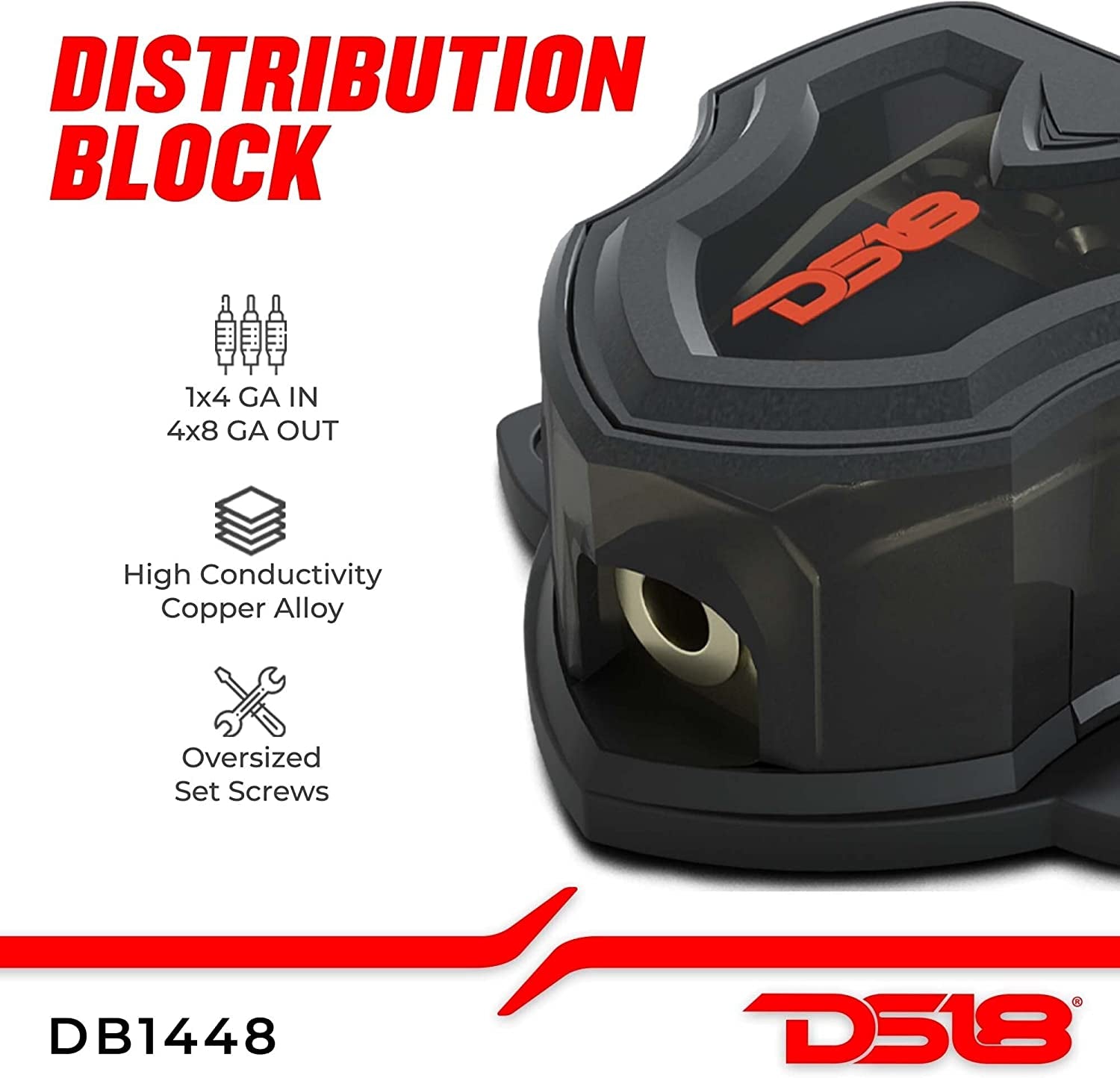 DB1448 Distribution Ground Block - 1 X 4GA In/ 4 X 8GA Out, Nickle Plated Internal Material, High-Strength Heat Resistant Plastic Housing, Oversized Set Screws for Secure Connections (1 in 4 Out), CLEAR, Single