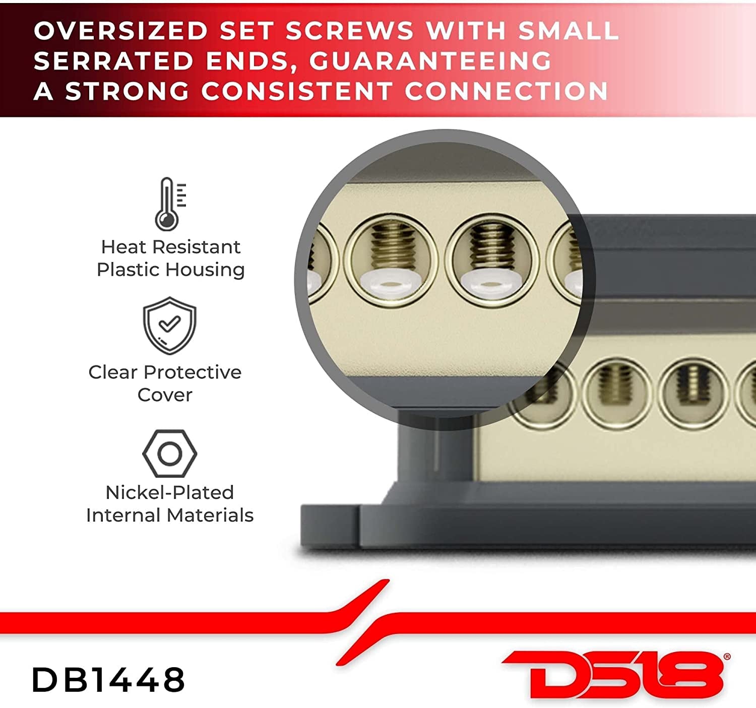 DB1448 Distribution Ground Block - 1 X 4GA In/ 4 X 8GA Out, Nickle Plated Internal Material, High-Strength Heat Resistant Plastic Housing, Oversized Set Screws for Secure Connections (1 in 4 Out), CLEAR, Single